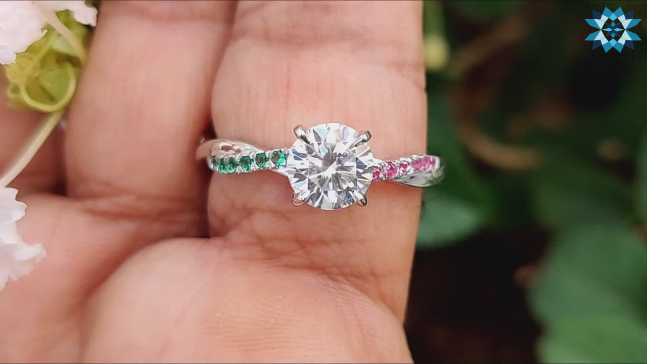 1.20 TCW Alternate Rope Pave Ruby with Emerald Moissanite Wedding Ring