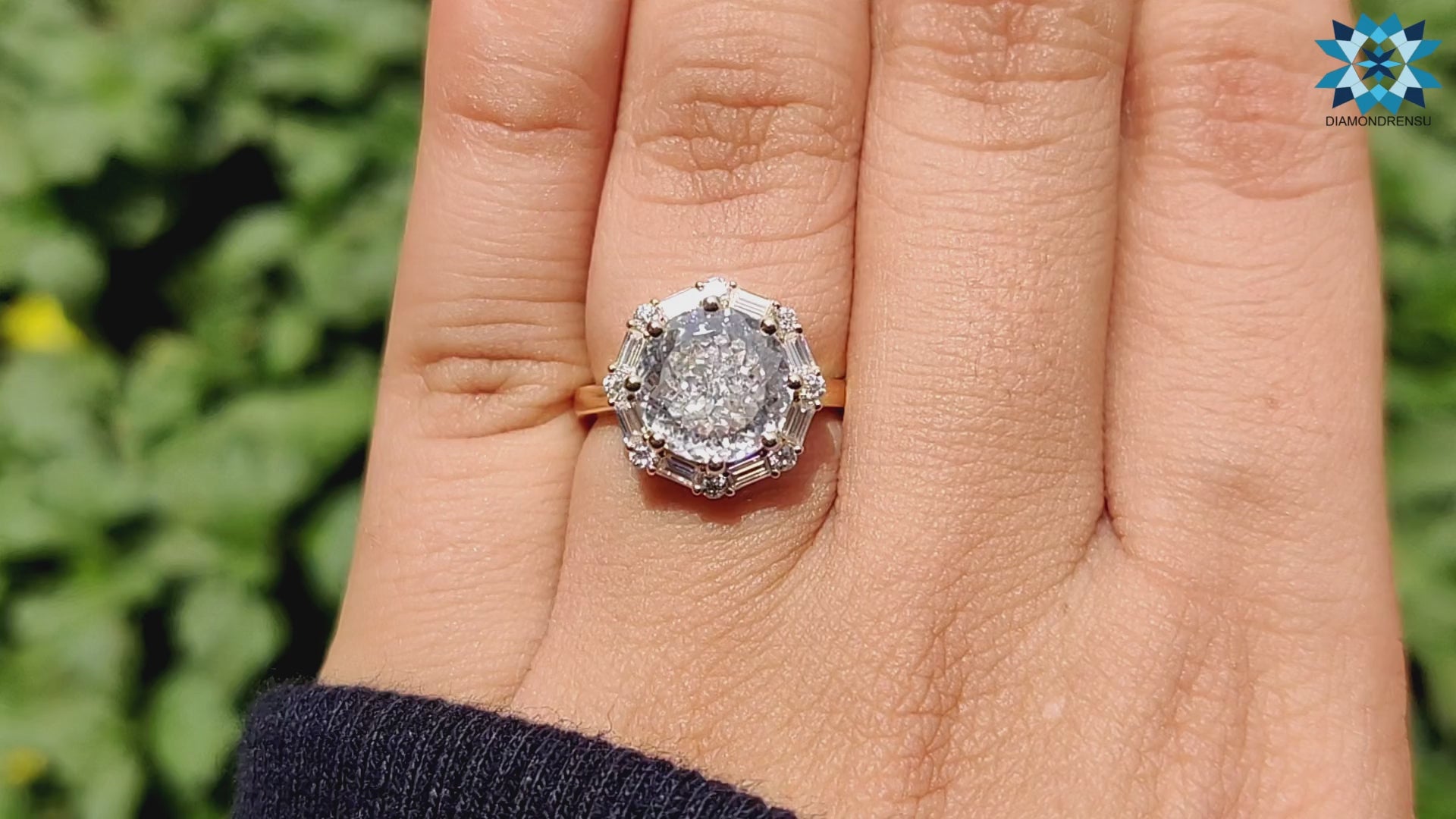 Vintage Style Engagement Ring, 3.23 CT Portuguese Cut Moissanite Halo Ring, Baguette and Round Cut Halo Ring
