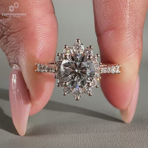 Tapered pave band in a filigree engagement ring.
