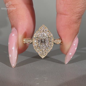 Dutch Marquise Diamond Ring with milgrain pave band.
