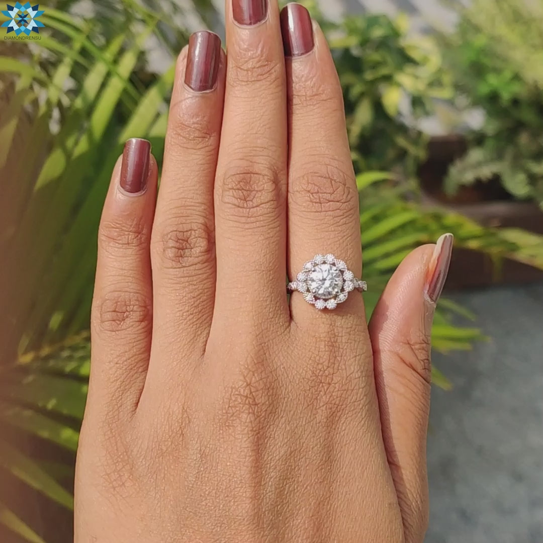 Round Brilliant Cut Moissanite Diamond Cathedral Halo Engagement Ring