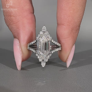 Hexagon diamond ring pear round side stones vintage.
