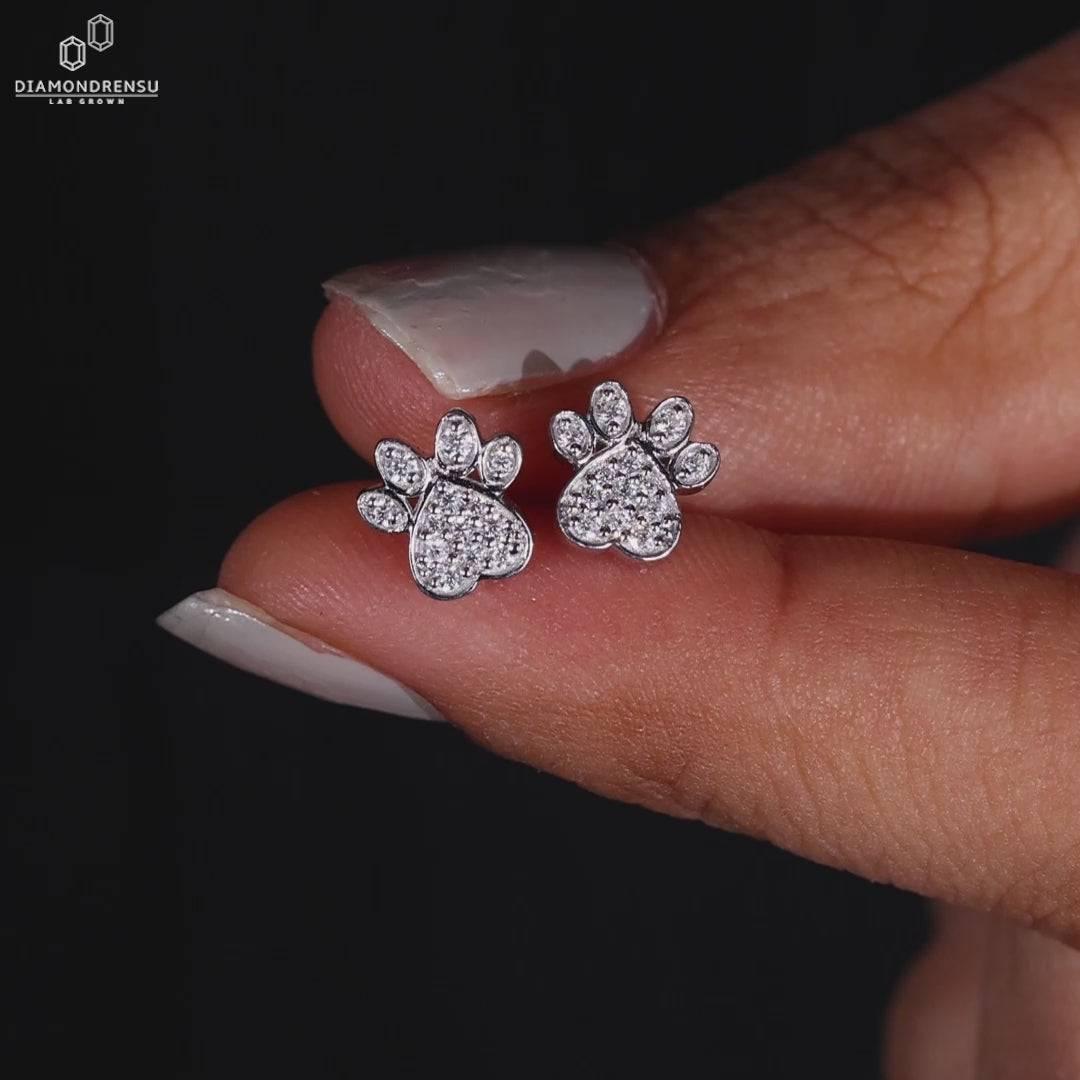 Paw Shape Diamond Earrings - Round Lab Grown Diamond Stud Earrings