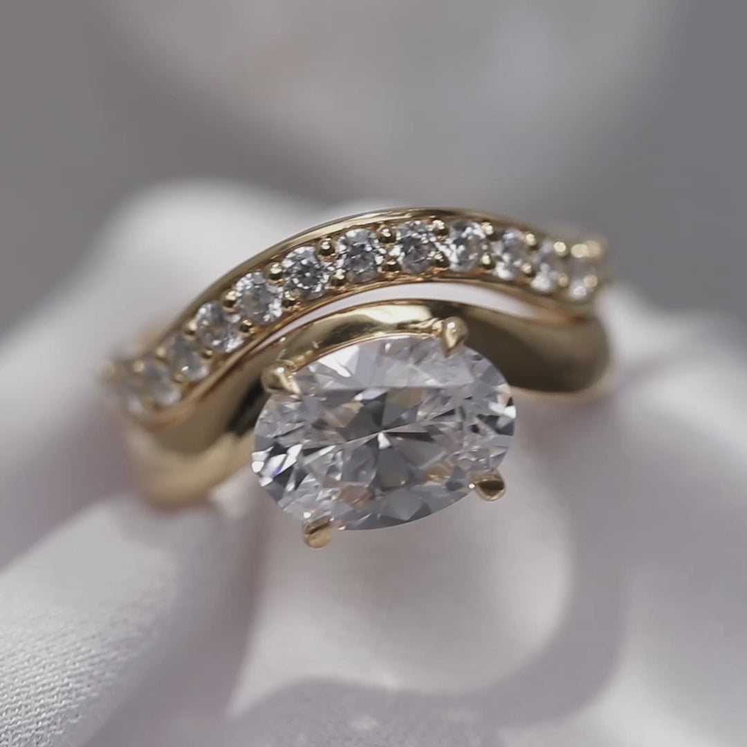Oval Cut Lab-Grown Diamond Ring Set East to West with Pavé Curved Band 2 CT