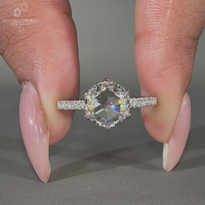 Round rose cut diamond ring with hidden halo and pavé setting.
