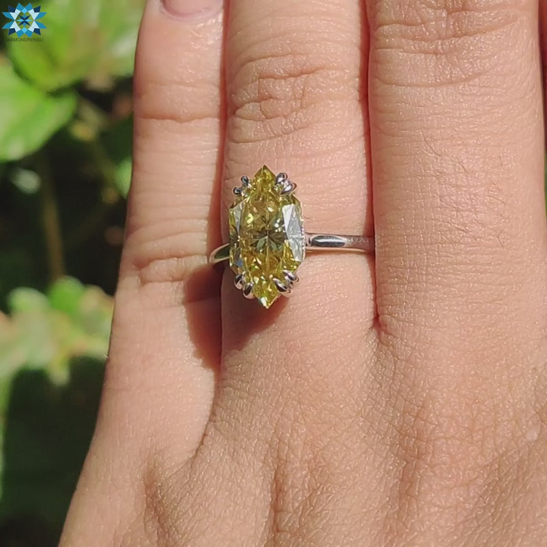 2.84 CT Dutch Marquise Canary Yellow Moissanite Engagement Ring, Hidden Halo Ring