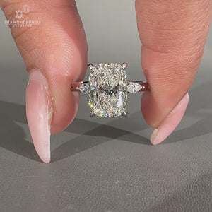 Cushion diamond ring hidden halo marquise pave style.
