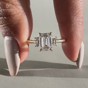Emerald Cut Lab-Grown Diamond Three Stone Ring with Trapezoid Side Stones 1 - 2 CT