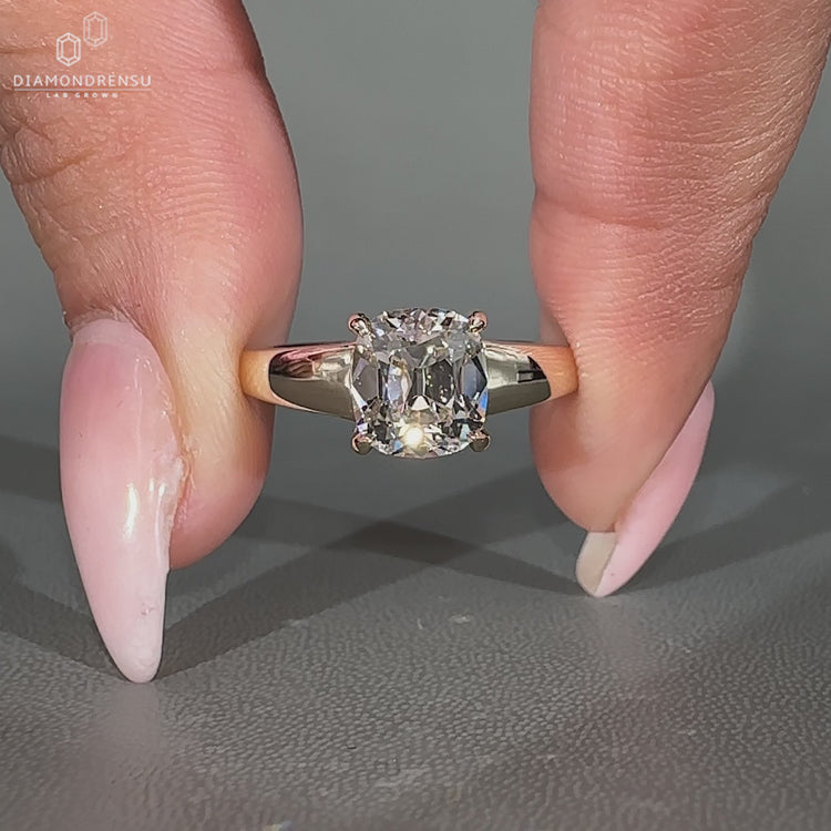 Handmade Cushion Old European Cut Ring tapered shank.
