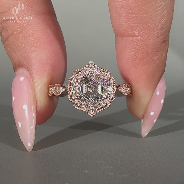 Vintage Hexagon Cut Diamond Ring milgrain setting.
