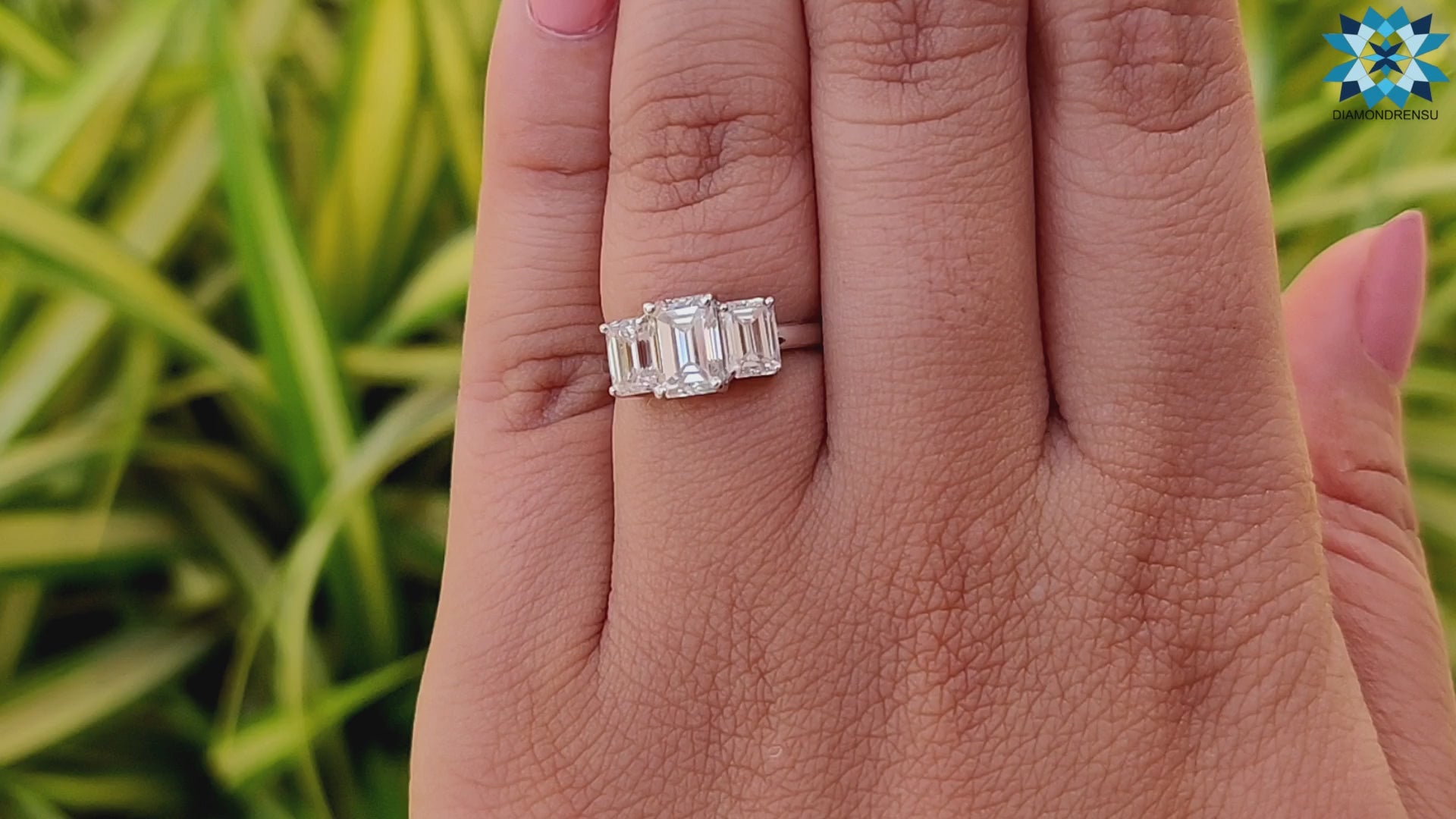 Emerald Cut Three Stone Moissanite Diamond Engagement Ring