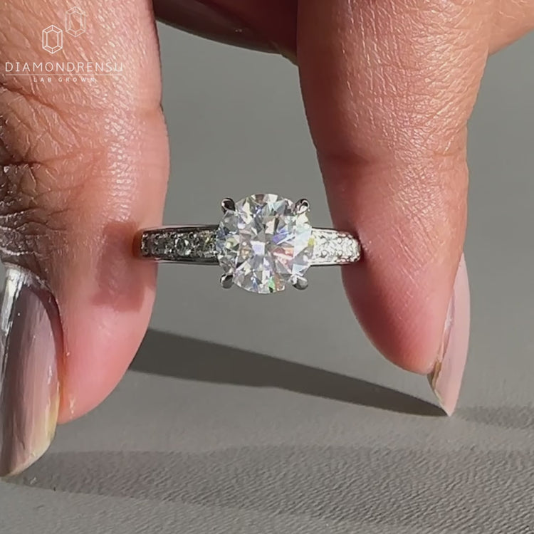 Tapered shank pave ring in white gold engagement ring.
