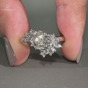 hexagon engagement ring in white gold setting.
