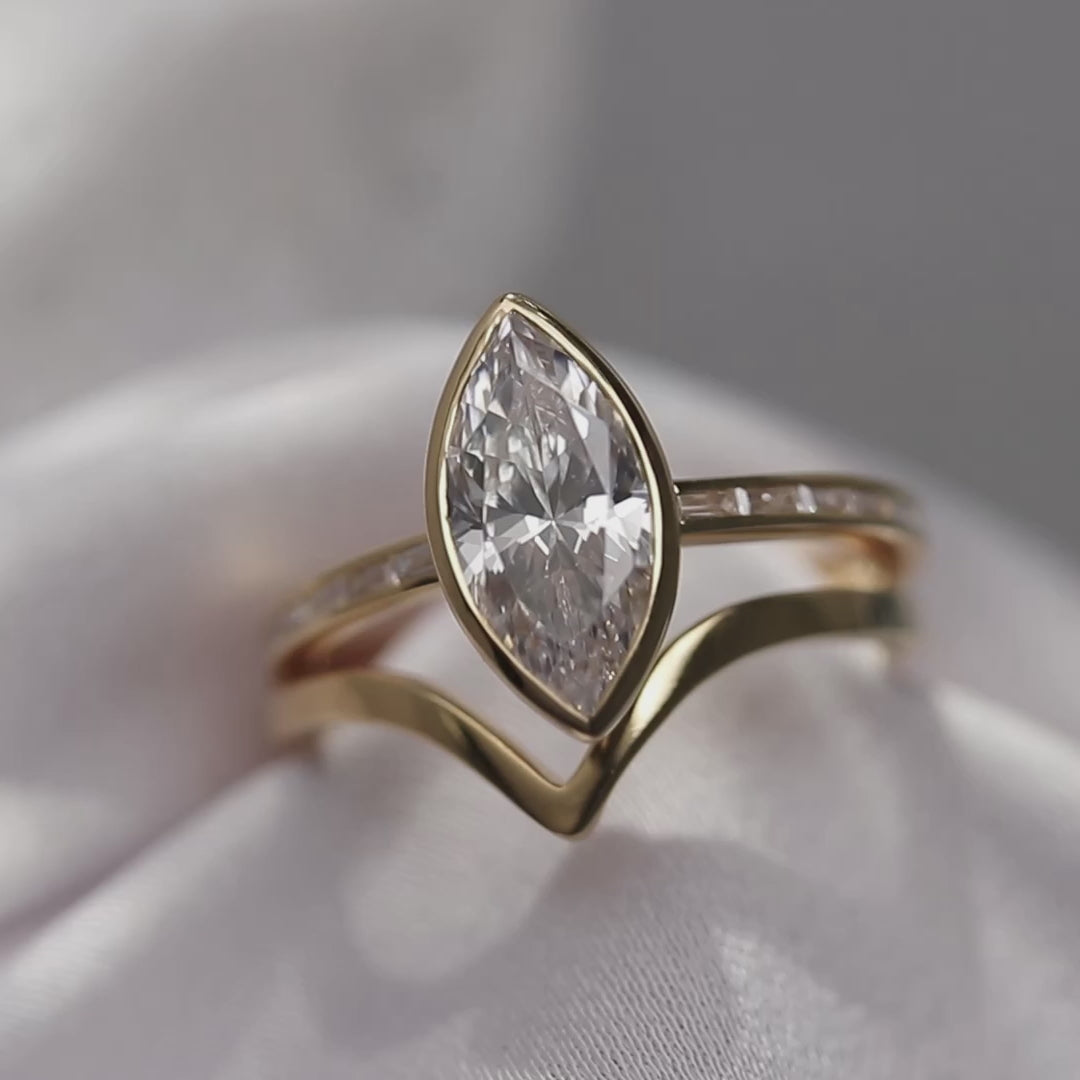 Marquise Cut Lab-Grown Diamond Bezel Ring with Baguette Side Stones 1.5 CT - Set