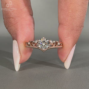 Round Cut Diamond Ring in vintage rose gold design.
