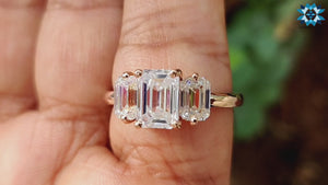 2.62 CT Emerald Step Cut Three Stone Moissanite Engagement Ring