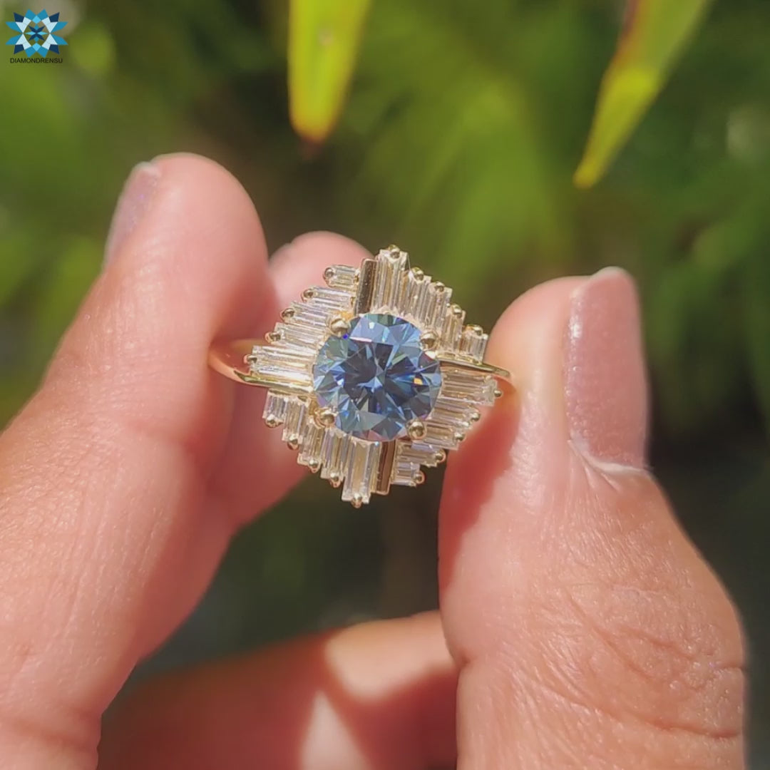 Royal Blue Round Moissanite Halo Engagement Ring
