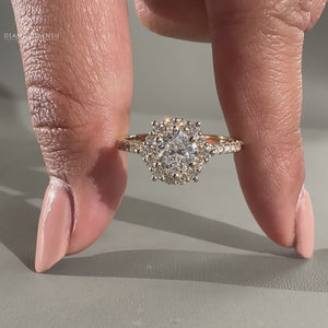 Cushion cut diamond ring paired with round cut diamond halo ring.
