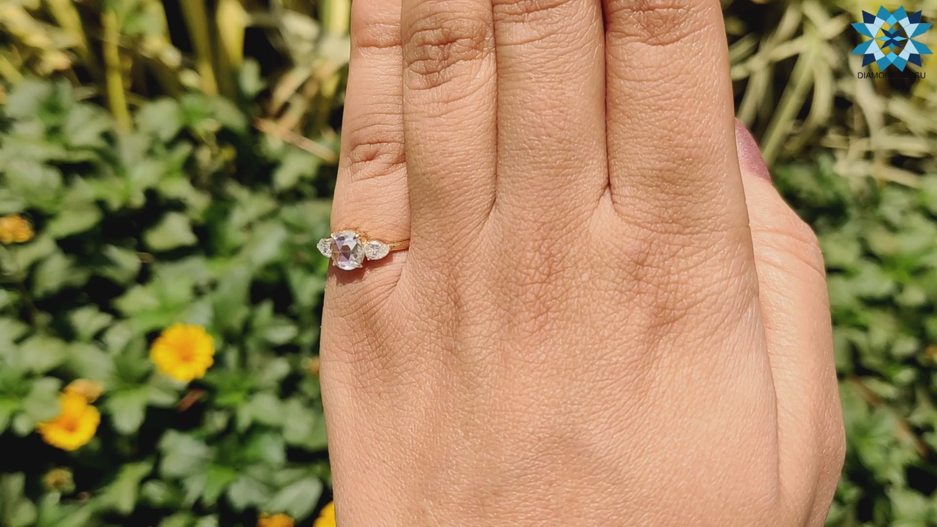 1.10 TW Round Rose Cut with Pear Moissanite Three Stones Engagement Ring