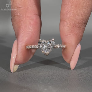 Handmade heart cut diamond ring with V prong setting.
