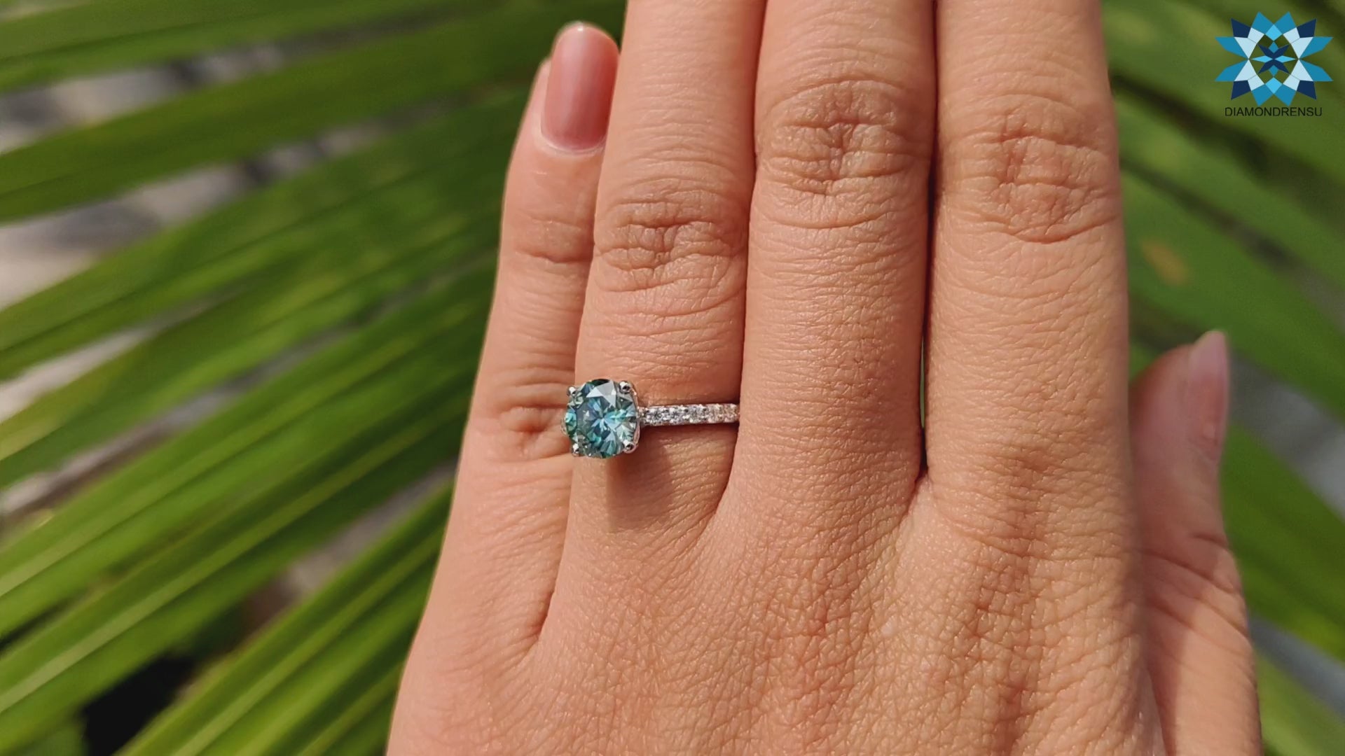 1.25 CT Round Brilliant Cut Cyan Blue Moissanite Ring, Pave Engagement Ring