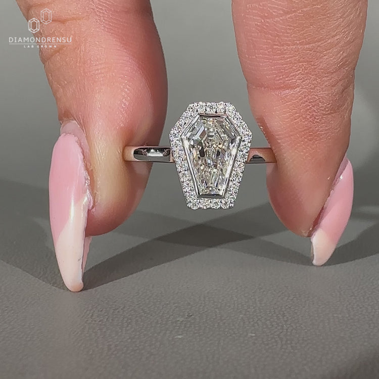 Coffin diamond ring round halo open gallery set.