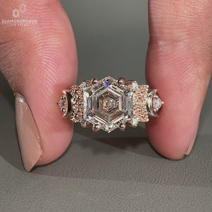 hexagon engagement ring crafted in rose gold finish.

