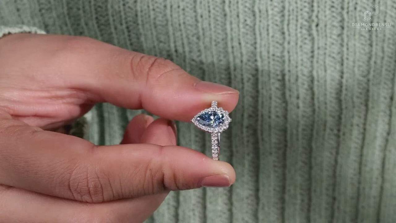 1.01 CT Pear Blue Diamond Ring, Pear Lab Grown Blue Diamond Engagement Ring