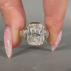 Three stone Cushion Cut Diamond Ring bezel setting.
