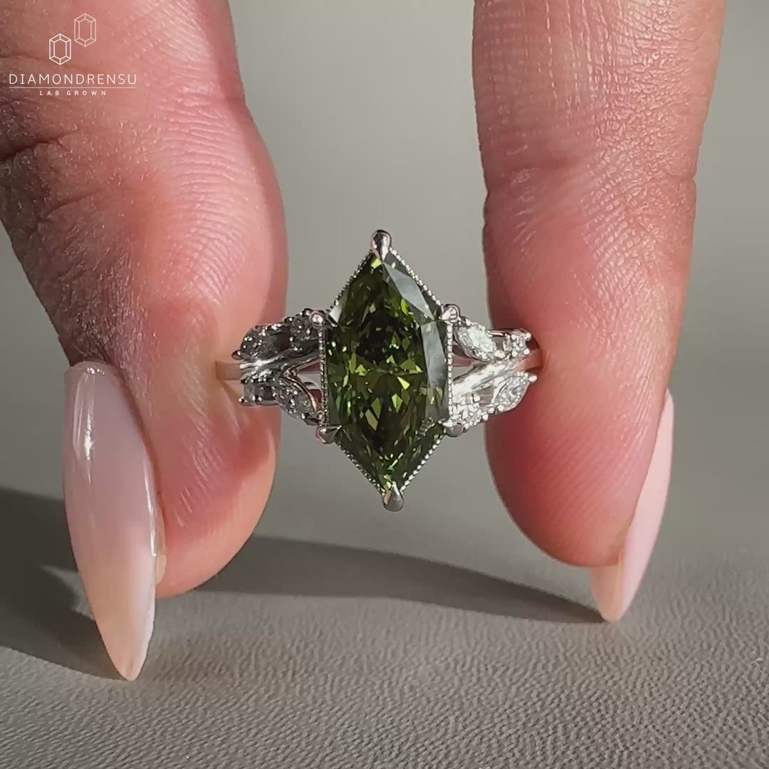 Dutch Marquise Green Lab-Grown Diamond Nature Inspired Ring