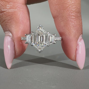 Lab grown hexagon diamond ring with trapezoid side stones