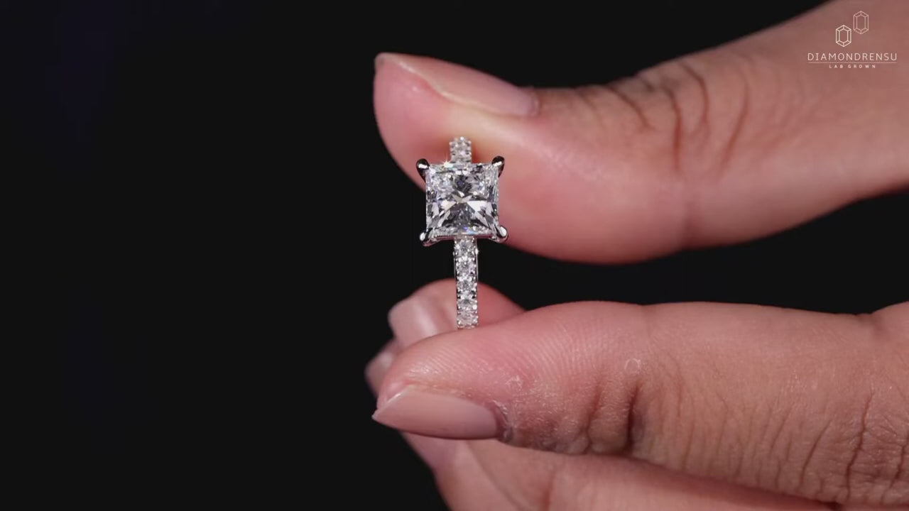 1.50 CT Princess Cut Diamond Ring, Pave Lab Grown Diamond Engagement Rings
