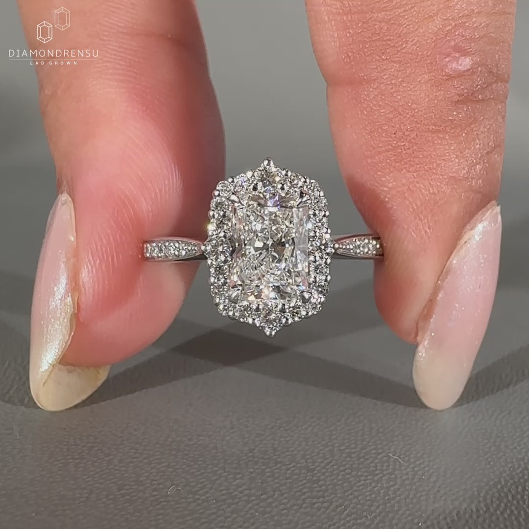 Tapered Shank Ring featuring a lab grown radiant diamond.
