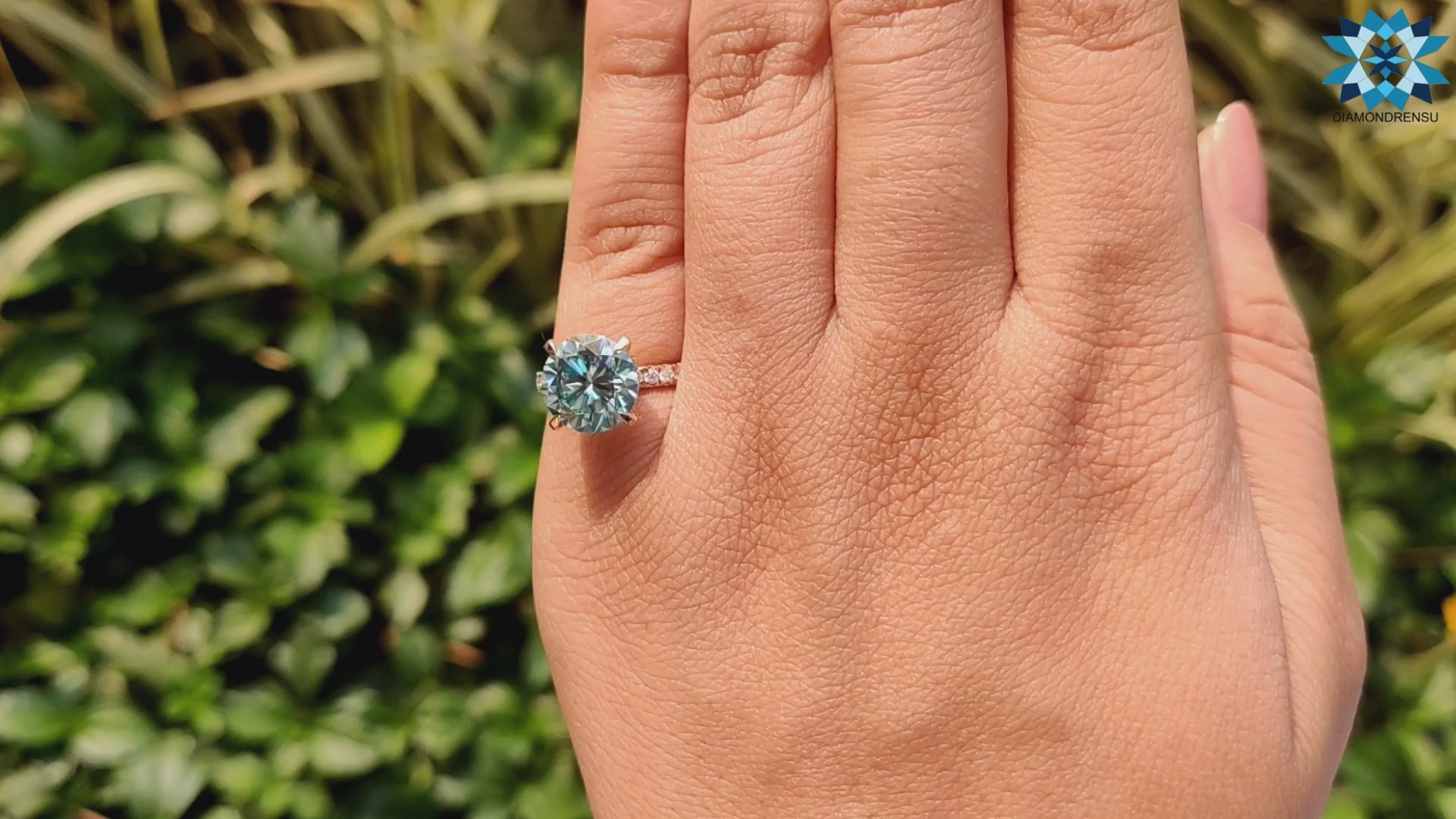 3.67 TW Round Cut Cyan Blue Moissanite Pave Set Engagement Ring