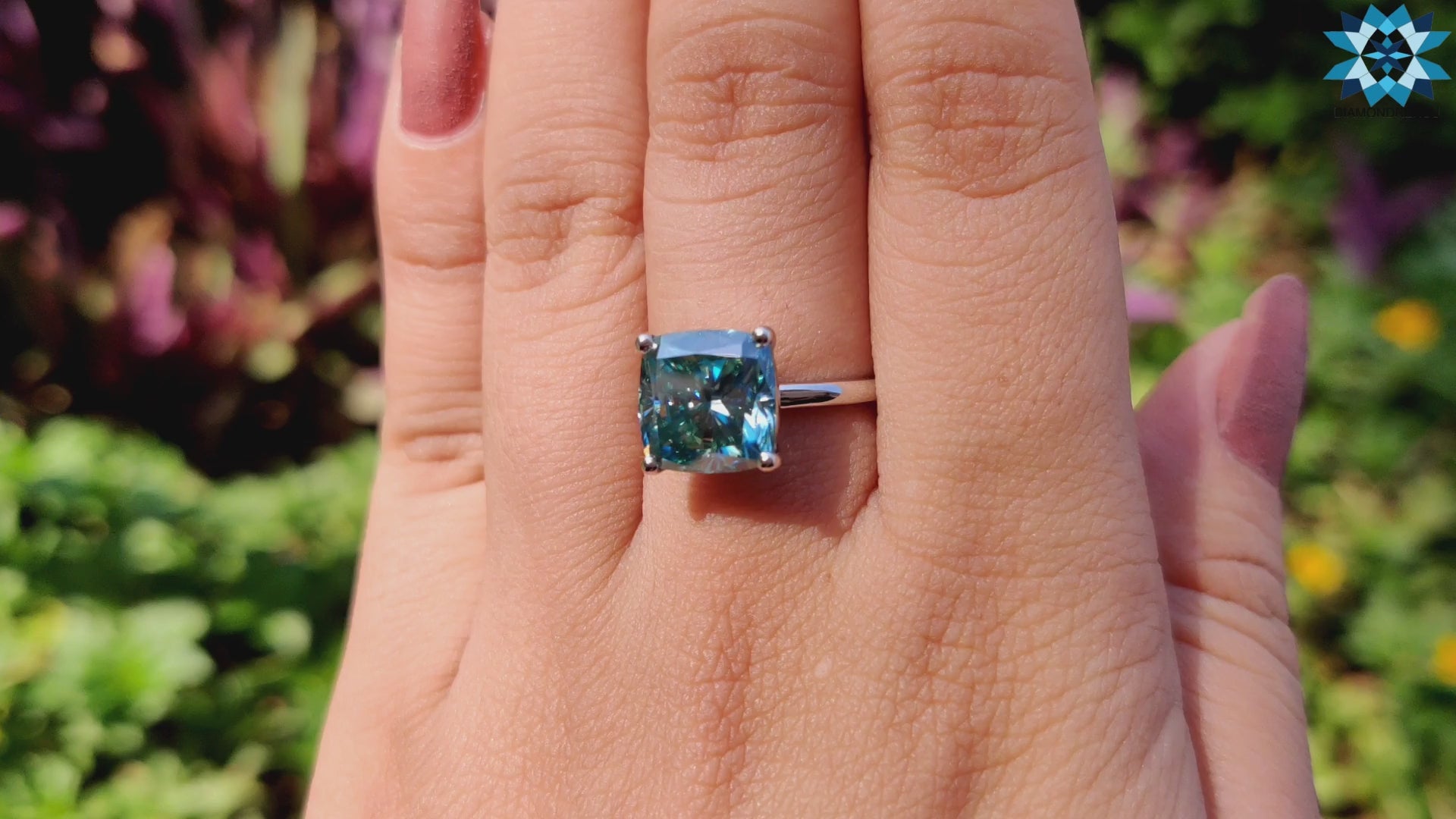 5.13 CT Cushion Cut Moissanite Engagement Ring, Cyan Blue Solitaire Moissanite Ring