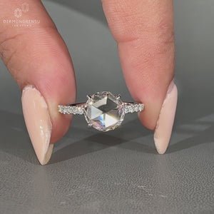 Handmade round rose cut diamond ring with open gallery.
