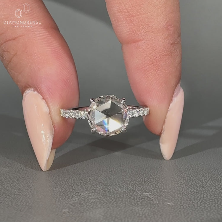 Handmade round rose cut diamond ring with open gallery.
