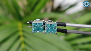 Dazzling Cyan Blue 2.60 TW Princess Cut Moissanite Stud Earrings Screw Back