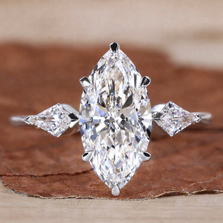1.50 CT Three Stone Marquise Ring with Side Kite Cut Diamonds - 18k White Gold - Size N