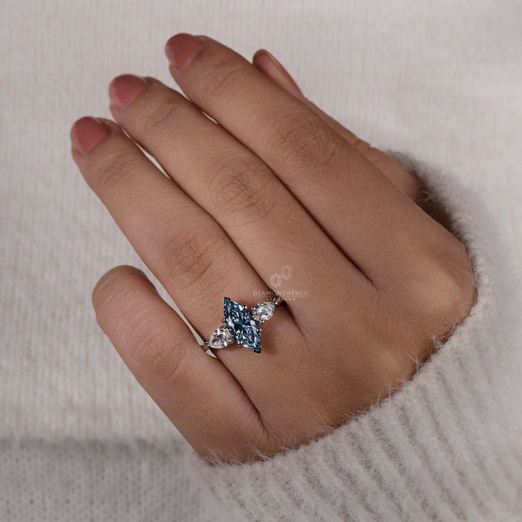 Marquise Blue Lab-Grown Diamond Three Stones Ring 1.5 CT