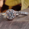 Round Moissanite Bezel Set Solitaire Ring With Half Eternity Wedding Band - Bridal Set