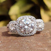 Split Shank Ring, 2.61 TW Round Brilliant Cut Three Stones Engagement Ring, Halo Moissanite Ring