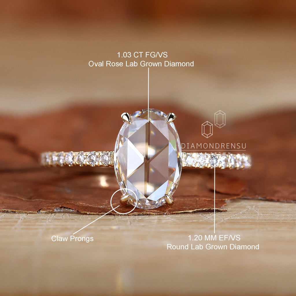 Flat Oval Rose Cut Lab-Grown Diamond Pavé CT Ring