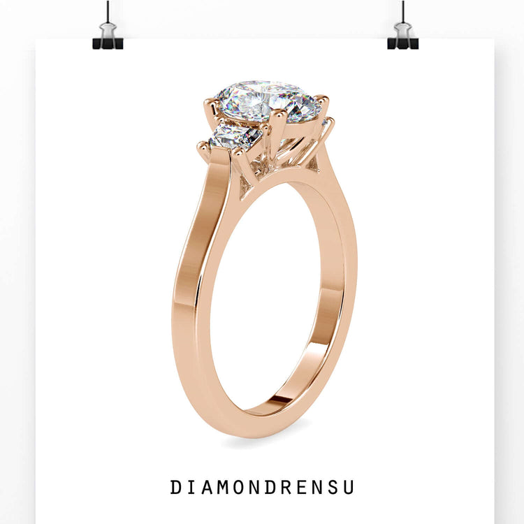 2.04 TCW Oval and Trapezoid Moissanite Three Stones Engagement Ring