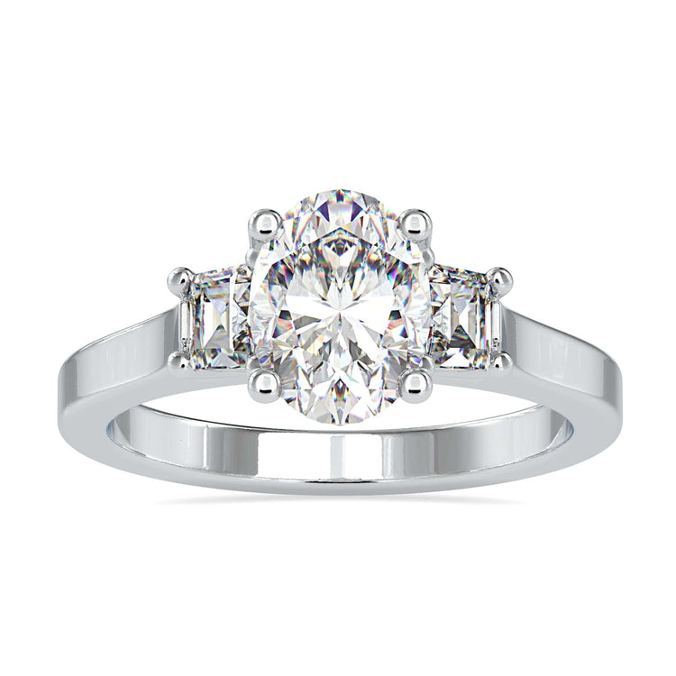 2.04 TCW Oval and Trapezoid Moissanite Three Stones Engagement Ring