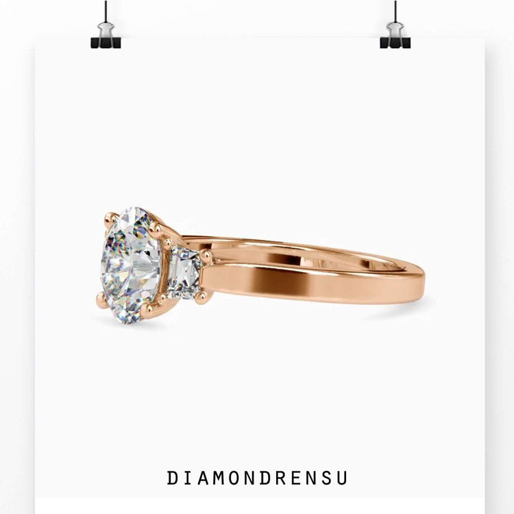 2.04 TCW Oval and Trapezoid Moissanite Three Stones Engagement Ring