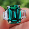 Three Stones Engagement Ring, 9.81 TW Green Emerald Cut with Colorless Trapezoid Cut Moissanite Ring