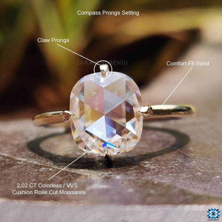 Cushion Rose Cut Moissanite Compass Setting Solitaire Ring 2 CT