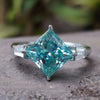 Tapered Baguette Cyan Blue Moissanite Princess Three Stone Ring 2.3 TCW