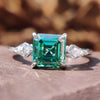 2.15 TW Asscher Step Cut Green Moissanite with Side Kite Cut Unique Three Stone Engagement Ring